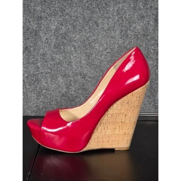 Jessica Simpson Shoes - Jessica Simpson Red Patent Leather Cork Platform Wedge Peep Toe Heels 8.5M Sexy